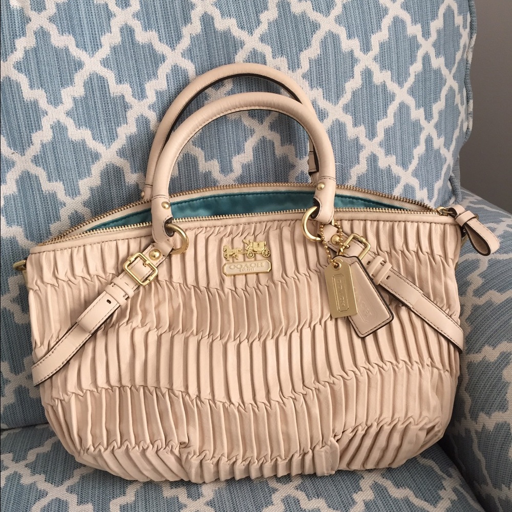 Coach Cream Ruched Leather Satchel with Gold Hardware and Teal Interior